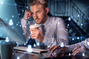 Businessman and businesswoman in formal wear working together looking for new employees to hire for international business consulting. HR, social media icons over modern panoramic office background