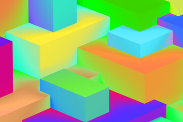 Obraz premium Abstract geometric cubic holographic colorful in neon lights background. isometric 3d render.