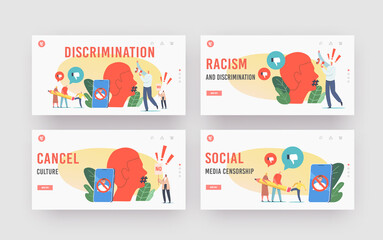 Cancel Culture Ban, Discrimination Landing Page Template. Characters Erasing Person, Tiny Activists with Loudspeaker