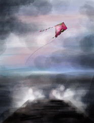 Dark digital illustration with little red kite