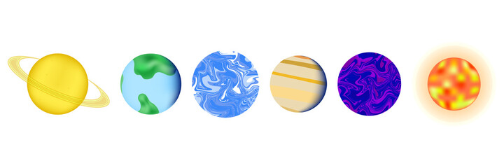 set of 6 different planets of yellow, red, blue, green and brown colors, round shape on a white background. collection on space theme for decoration posters about astrology and astronomy