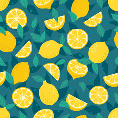 Cute Vector Lemon seamless pattern. Cartoon summer fruit slice, fresh green leaves, yellow lemons print. Vintage lemonade repeat texture for wallpaper, exotic fabric, season background.