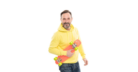 happy man skateboarder with beard hold penny skateboard isolated on white, hipster lifestyle.
