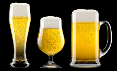 Set of fresh beer in different mugs with bubble froth isolated on black.