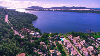 Tropical Island Landscape Palm tree Vaporwave Purple Blue Green Nature Lake Lagoon