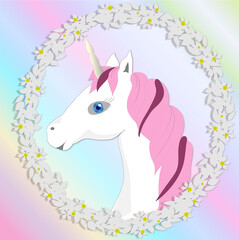 unicorn in a floral frame on a rainbow background_ illustration