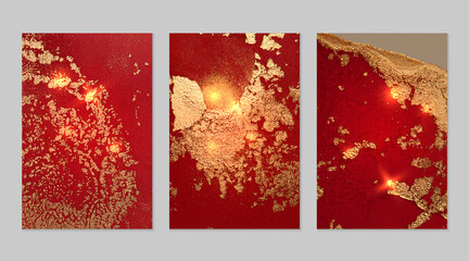 Bright red and gold pattern with texture of geode and sparkles. Abstract vector background in alcohol ink technique. Modern paint with glitter. Set of backdrops for banner, poster design. Fluid art