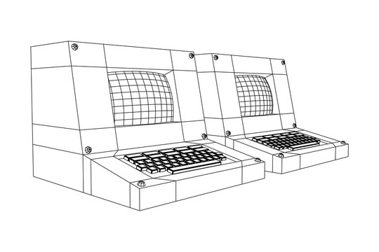 Classic Retro Perconal Computer. Programming Code Concept. Wireframe Low Poly Mesh Vector Illustration