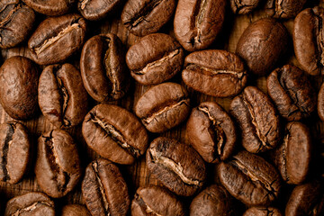 close-up top view of beautiful aromatic roasted coffee beans