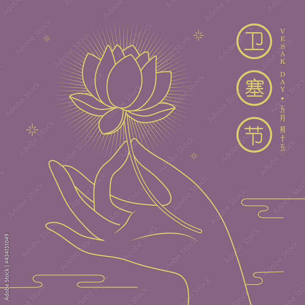 Wall mural happy vesak day or buddha purnima. hand of buddha holding lotus flower in line art style. (translati