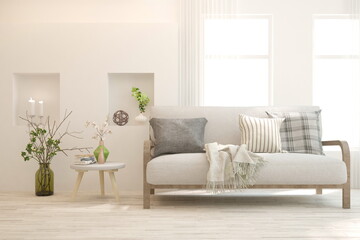 Living room interior wall mockup with grey sofa and wooden chair. Scandinavian interior design. 3D illustration