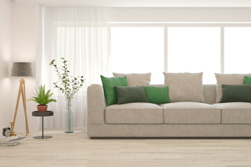 Living room interior window mockup with grey sofa and wooden chair. Scandinavian interior design. 3D illustration