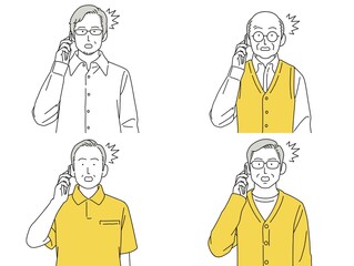 人物 イラスト 男性 セット 正面 スマホ 話す シニア 驚く