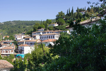 Obraz premium View of trees and old, historical, traditional houses in famous, touristic Aegean mountain village called 