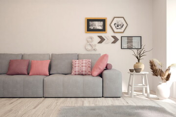 Living room interior wall mockup with grey sofa and wooden chair. Scandinavian interior design. 3D illustration