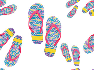 Seamless pattern on white background made of colorful bright flip-flops type of sandal consisting of pink thin rubber sole with two straps in a Y shape usually worn at hot summer weather at the beach