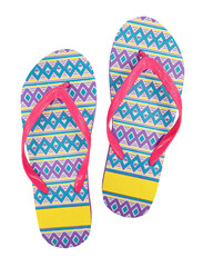 Colorful bright blue and yellow flip-flops type of sandal consisting of pink thin rubber sole with two straps in a Y shape usually worn at hot summer weather at the beach isolated on white background