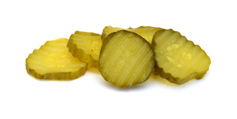 Fresh sliced green pickles isolated over white  - 434152047