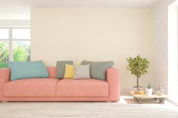 Soft color living room with sofa. Scandinavian interior design. 3D illustration