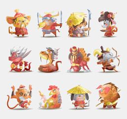 Chinese zodiac animals cartoon set of rabbit dog monkey pig tiger horse dragon goat snake rooster ox rat isolated cartoon hand drawn vector illustration