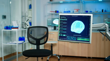 Empty medical laboratory with modern equipment prepared for discovery of health innovations of nervous system using high tech and microbiology tools for scientific research in neurological lab