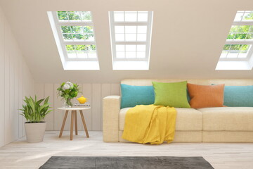 White living room with sofa and summer landscape in window. Scandinavian interior design. 3D illustration