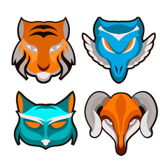 Set logos animal heads. Tiger, lizard, cat, Mountain goat faces. Flat stylish cartoon vector illustration. Isolated
