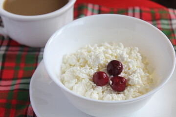 healthy cheese curd with berries cherry and coffee diet breakfast morning