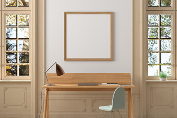 Square blank poster mockup on white wall in interior of living room.