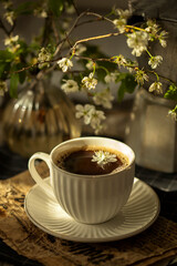 Coffee sun flowers wooden table white cup