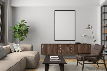 Vertical blank poster mockup on white wall in interior of living room.