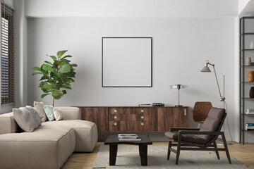Square blank poster mockup on white wall in interior of living room.