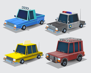 Collection of cartoon cars. Village pickup truck, police car, taxi and jeep. Cars set isolated on white background. Vector illustration