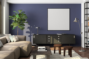 Square blank poster mockup on blue wall in interior of living room.