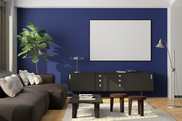 Horizontal blank poster mockup on blue wall in interior of living room.