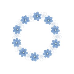 Blue floral wreath illustration. Snowdrops round frame