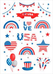 America Independence Day stickers. 4th of July. i love America. rendered illustration in cartoon style
