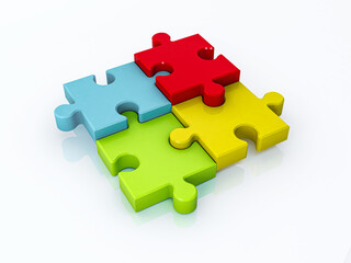 Four assembling color puzzle pieces isolated on white background. 3d Render