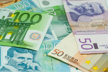 euro and serbian dinars banknotes