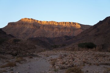 Hiking in mountains near Eilat, Israel, twilight time