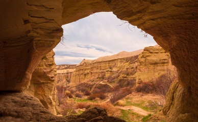 Natural tunnels and grottoes in the Pigeon Valley of Cappadocia, Turkey in early spring
