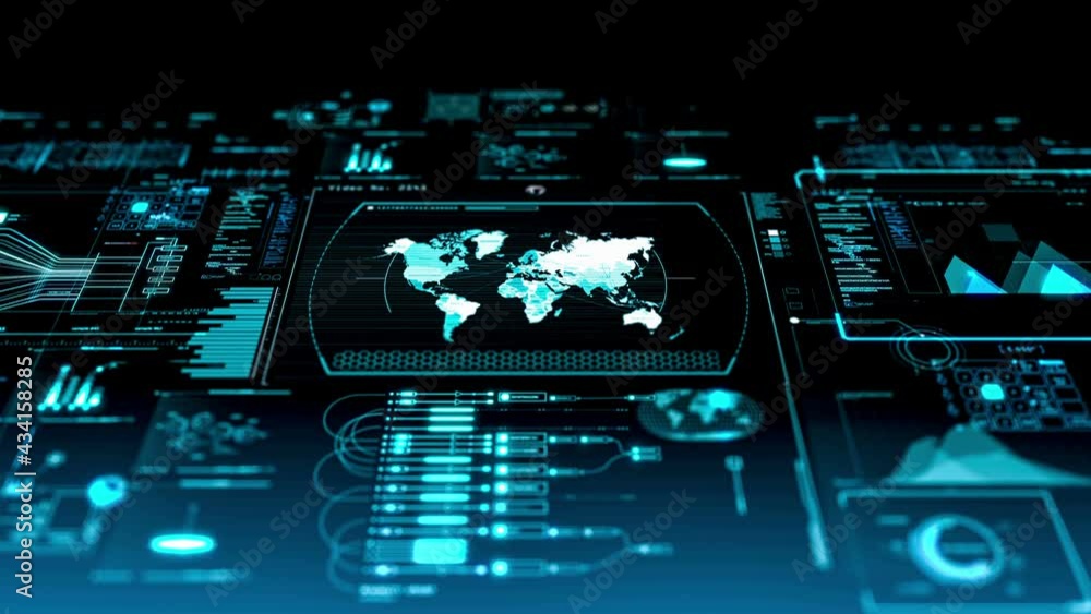 Poster 3d animation of blue futuristic high tech elements - world map information hud with hologram display