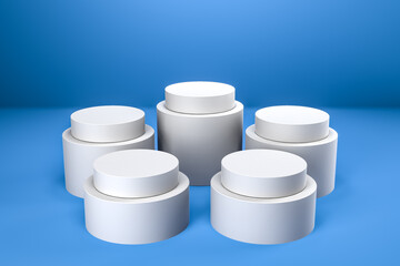 Round product display podium. Minimal white geometric shape stage scene on blue background. 3d rendering.