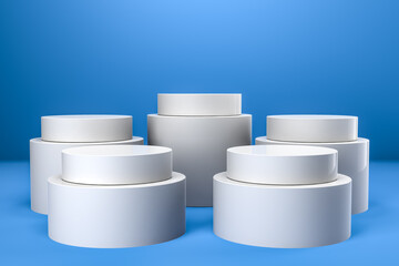 Round product display podium. Minimal white geometric shape stage scene on blue background. 3d rendering.