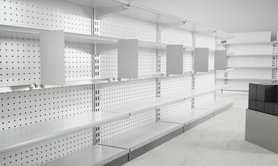 Set Of Shelves In Supermarket, Blank Shelf-stoppers, Empty Shelves With Blank Banners, 3D Mock-up