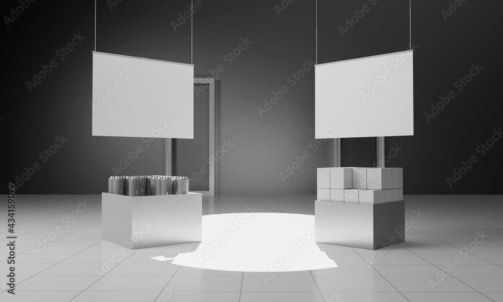 Poster supermarket pos floor box display with hangging banners, blank advertisement box container mock-up. 