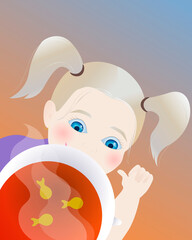 Child girl with cup of black tea in cartoon style Vector Illustration