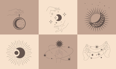 A set of templates with esoteric cosmic symbols. Silhouette of hands, lunar cycles, sun, stars, space.