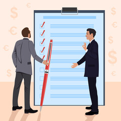 Businessmen fill in the fields of the document.