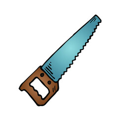 Color illustation of hand saw with the wooden handle in doodle style